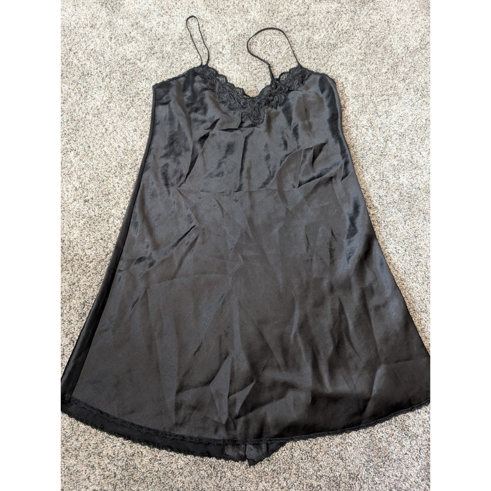 Amanda Smith Black Satin Lace Trim Slip Dress Mini Chemise Nightgown Mens Size M
